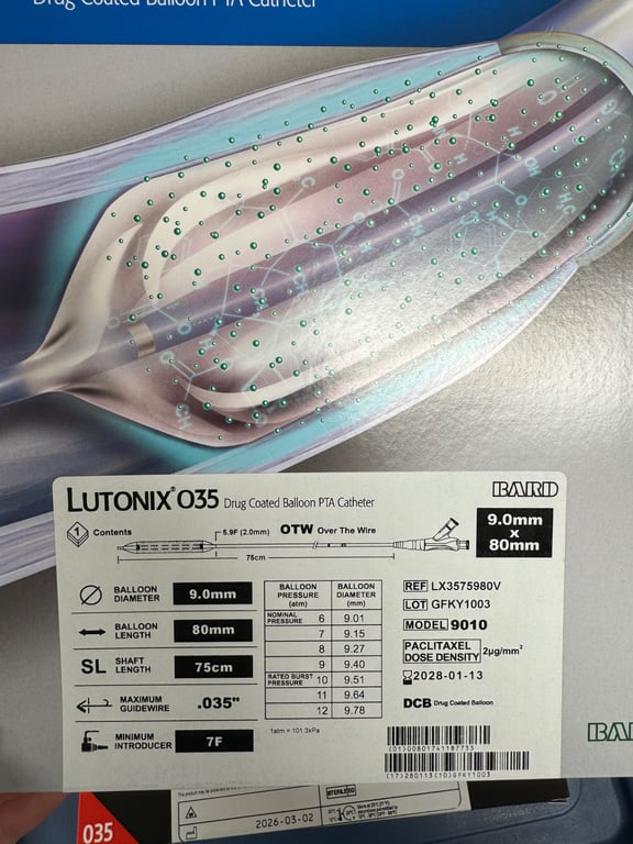 LX3575980V - LUTONIX 035 Drug Coated Balloon PTA Catheter, 9.0mm x 80mm, 75cm, OTW