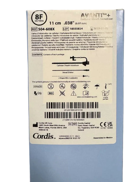 The back of a Cordis AVANTI 8F 11 cm catheter sheath packaging, showing product specifications, barcodes, and safety symbols on a white label.